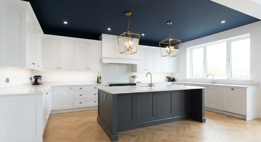 Kitchen Ceiling Ideas for Stylish Homes 4 Contemporary navy blue statement ceiling with gold pendant lights.